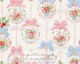 Seamless Pattern, Floral Ornament Digital Download, Vintage China Bow Repeat Design, Grandmillennial Christmas Wallpaper Print