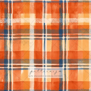 Könnte beinhalten: Ein nahtloses Schottenkaro-Muster im Aquarell-Stil mit sich kreuzenden horizontalen und vertikalen Streifen in Orange-, Creme- und Dunkelblautönen. Der Text patternizm NON-EXCLUSIVE SEAMLESS PATTERN ist in der Mitte platziert.