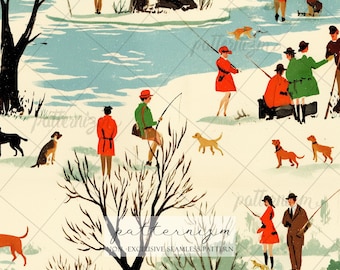 Seamless Vintage Hunting Fishing Pattern Digital Download – Retro Woodland Sportsmen Print, Rustic Cabin Fabric & Lodge Decor