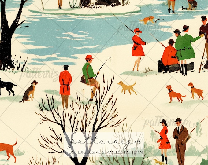 Seamless Vintage Hunting Fishing Pattern Digital Download – Retro Woodland Sportsmen Print, Rustic Cabin Fabric & Lodge Decor