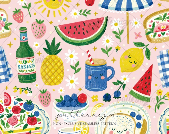 Seamless Summer Picnic Pattern Digital Download – Cute Fruit Food Watercolor Repeat Design