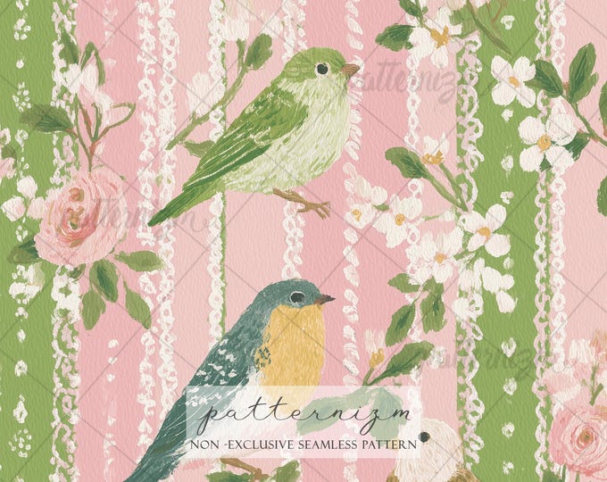 Seamless Vintage Bird Floral Pattern Digital Download – Painted Cottagecore Birds, Romantic Fabric Design