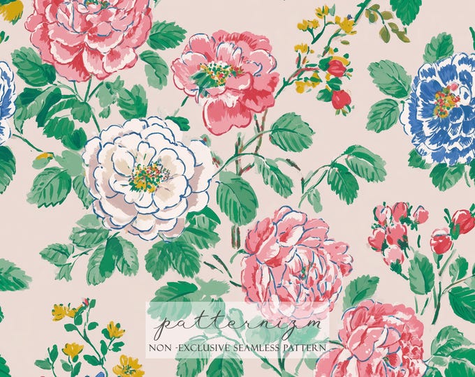 Watercolor Rose Bouquet Pattern Digital Paper – Classic Garden Roses, Elegant Seamless Floral Design