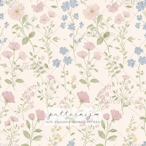Soft Meadow Floral Seamless Pattern – Pastel Wildflowers and Green Stems, Watercolor Digital Paper