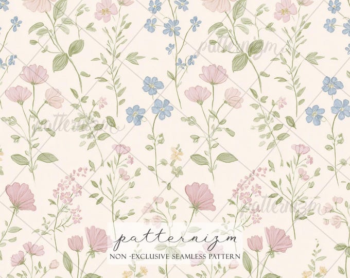 Soft Meadow Floral Seamless Pattern – Pastel Wildflowers and Green Stems, Watercolor Digital Paper