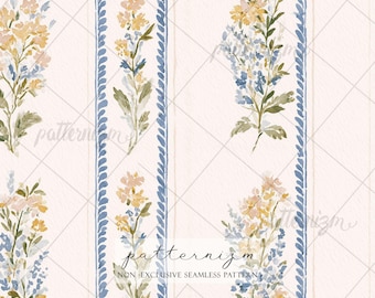 Vintage Floral Stripe Seamless Pattern, Grandmillennial Digital Download, Blue Wildflower Repeat Design, Cottage Ticking Wallpaper Print