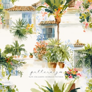 May include: Watercolor illustration of a Mediterranean scene featuring white buildings with blue shutters, terracotta roofs, and lush greenery. Potted plants and colorful flowers adorn the balconies and walls. The text "patternizm" and "NON-EXCLUSIVE SEAMLESS PATTERN" are visible.