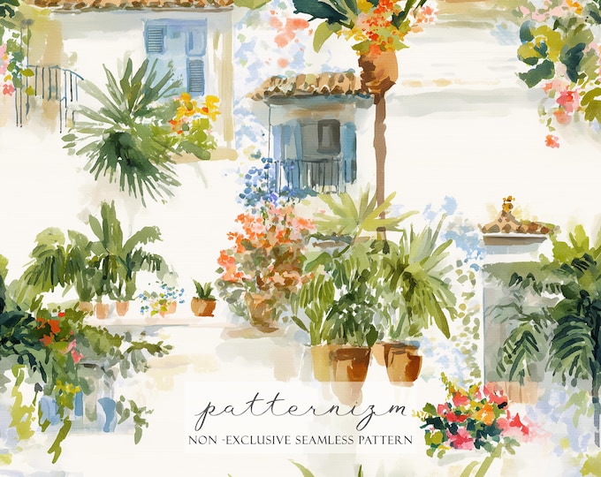 Mediterranean Garden Seamless Pattern – Floral Courtyard Houses, Summer Vacation Repeat Design for Fabric & Decor