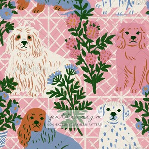 May include: Seamless pattern featuring illustrated dogs in various colors, including white, pink, and blue, set against a pink trellis background. The design incorporates floral elements and the text "patternizm NON-EXCLUSIVE SEAMLESS PATTERN".