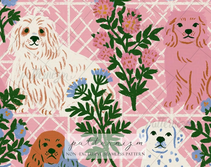 Preppy Dog Seamless Pattern Digital Download – Whimsical Floral Puppy Print for Fabric, Wallpaper & Crafts
