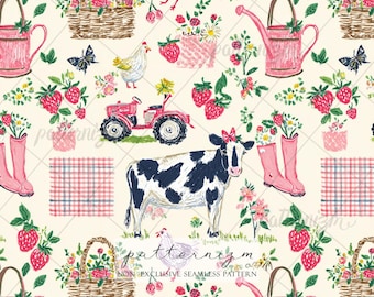Watercolor Pink Farm Seamless Background, Cottagecore Cows Pattern, Seamless Chicken Pattern, Repeat, Wallpaper, Scrapbook, Journal, Digital