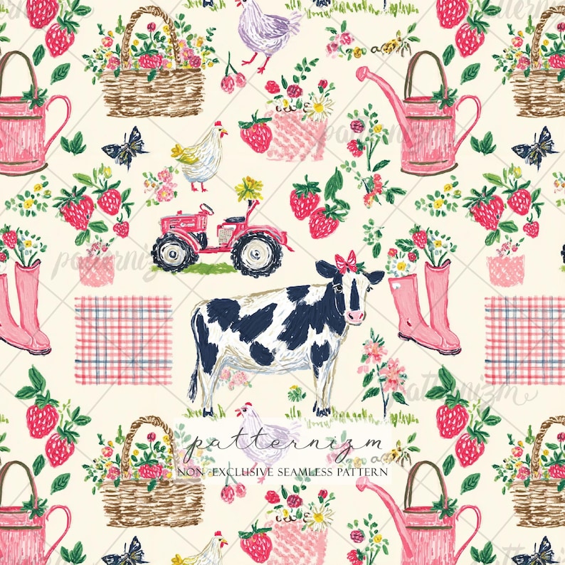 Watercolor Pink Farm Seamless Background, Cottagecore Cows Pattern, Seamless Chicken Pattern, Repeat, Wallpaper, Scrapbook, Journal, Digital Bild 1