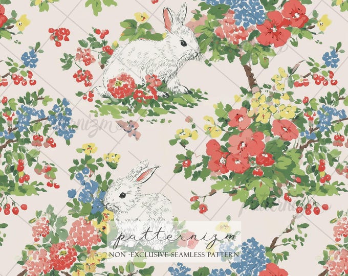 Seamless Bunny Floral Pattern Digital Download – Vintage Garden Rabbit Print, Cottagecore Wildflower Design, Whimsical Repeat