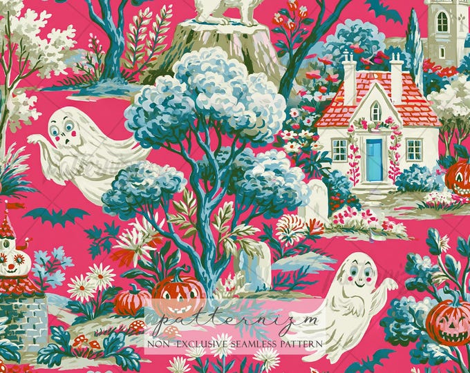 Seamless Pink Haunted Garden Pattern Digital Download – Vintage Halloween Watercolor Repeat Design