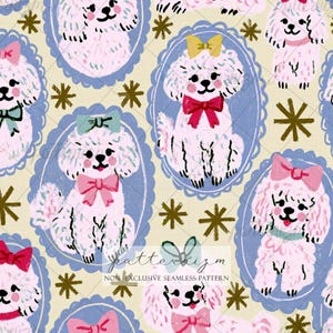 May include: Seamless pattern featuring white poodles with pink, yellow, and green bows, set within blue oval frames. The background is a light yellow color with brown star accents. The text "patternizm" is visible.
