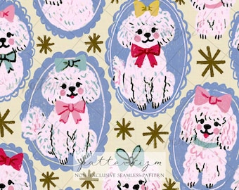Coquette Puppy Seamless Pattern Digital Download – Vintage Poodle Portrait Bow Fabric, Cute Girly Dog Print