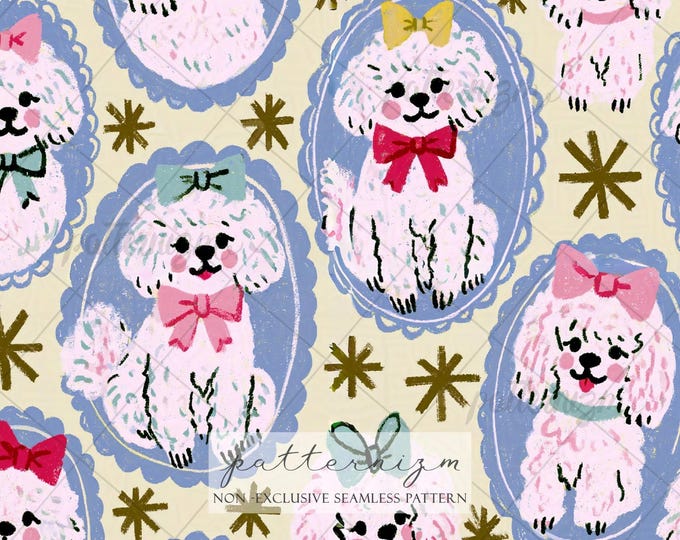 Coquette Puppy Seamless Pattern Digital Download – Vintage Poodle Portrait Bow Fabric, Cute Girly Dog Print