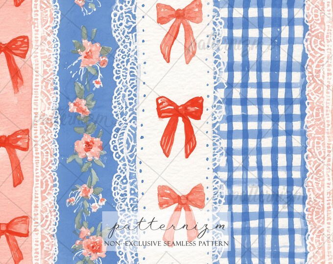 Seamless Americana Bow Pattern Digital Download – 4th of July Gingham & Lace Stripe Design, Coquette Floral Ribbon Print, Vintage Fabric