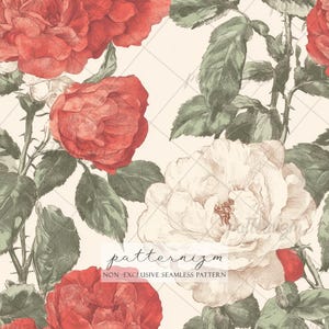 May include: A seamless pattern featuring large red and white roses with green leaves on a cream background. The roses are detailed with shading, and the text "patternizm" and "NON-EXCLUSIVE SEAMLESS PATTERN" are visible.