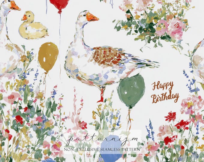 Seamless Goose Birthday Pattern Digital Download – Watercolor Goose with Balloons, Floral Garden Fabric, Whimsical Kids Design