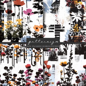 May include: A collection of floral seamless patterns in a variety of colors, including orange, pink, yellow, and black, set against a white background. The patterns feature stylized flowers and foliage with a distressed, textured effect. The text "patternizm" and "NON-EXCLUSIVE SEAMLESS PATTERN" are visible.