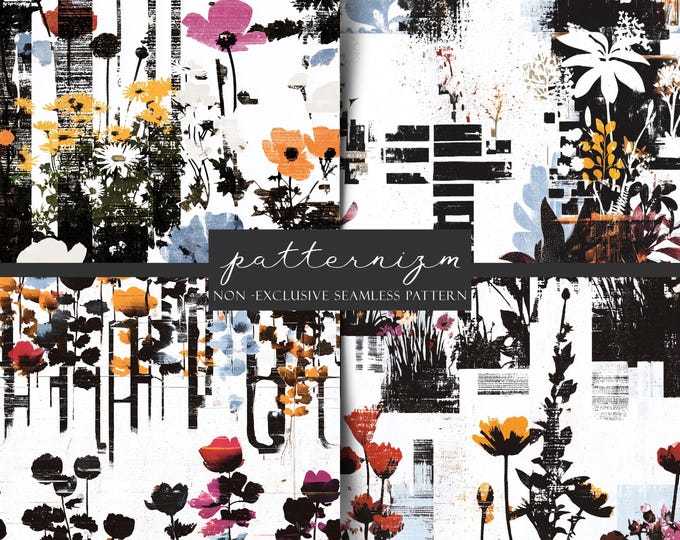 Modern Floral Mixed Media Seamless Pattern, Art Print Repeat Design for Fabric, Paper & Decor