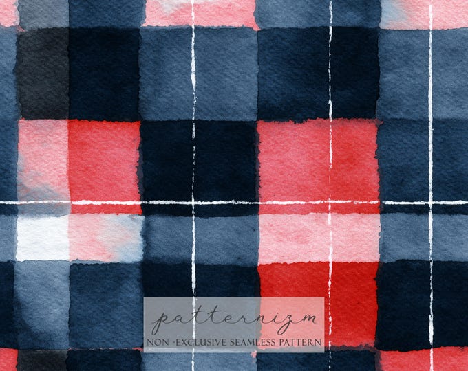 Seamless Patriotic Plaid Pattern Digital Download – Red Blue Fourth of July Check Design, Americana Watercolor Fabric