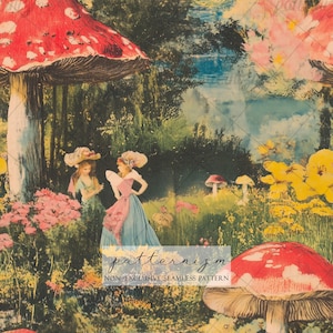Puede incluir: Ilustración caprichosa con grandes setas rojas, flores y dos figuras con vestidos de época. Incluye el texto "patternizm" y "NON EXCLUSIVE SEAMLESS PATTERN". La paleta de colores combina verdes, azules, rosas y amarillos.