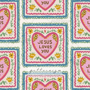 May include: Seamless pattern featuring repeating squares with a pink heart design. Each heart contains the text "JESUS LOVES YOU" in white. The squares are outlined in blue and pink, with floral and leaf accents.