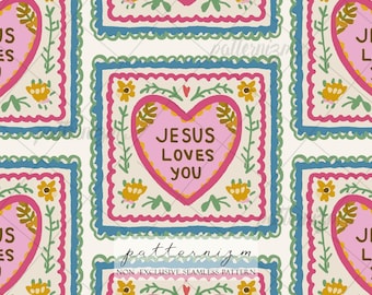 Jesus Loves You Seamless Pattern – Christian Heart Floral Frame, Cute Faith Based Coquette Folk Art Design