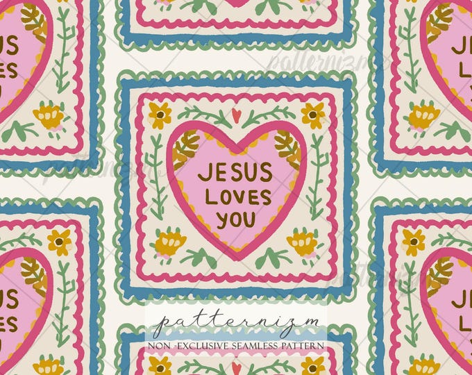 Jesus Loves You Seamless Pattern – Christian Heart Floral Frame, Cute Faith Based Coquette Folk Art Design
