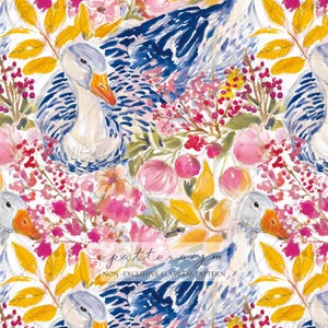 May include: Watercolor seamless pattern featuring geese, flowers, and foliage in shades of blue, pink, yellow, and red. The design includes geese with orange beaks and blue-striped feathers, surrounded by floral elements. The text "patternizm" is visible.