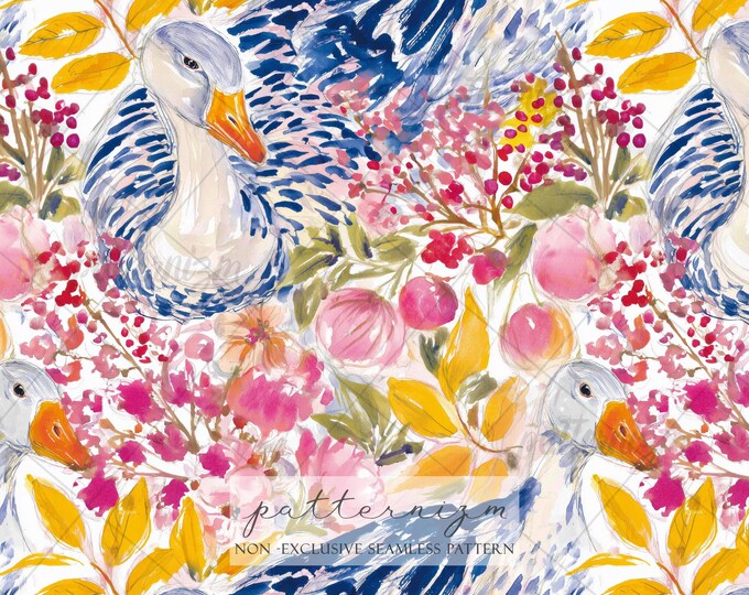Seamless Colorful Goose Floral Pattern Digital Download – Expressive Painted Geese and Flowers