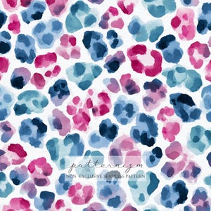 May include: Watercolor pattern featuring abstract shapes in shades of blue and pink on a white background. The design includes the text "patternizm" and "NON-EXCLUSIVE SEAMLESS PATTERN". This seamless pattern is suitable for various applications.
