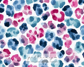 Watercolor Leopard Seamless Pattern Digital Paper – Blue Pink Modern Animal Print Repeat Design