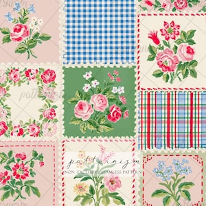 Op de afbeelding: Een naadloos textielpatroon met een raster van vierkante panelen met bloemenboeketten in roze, rood en blauw, afgewisseld met blauwe gingham en rood-groene ruitjes. De tekst patternizm non-exclusive seamless pattern is zichtbaar.