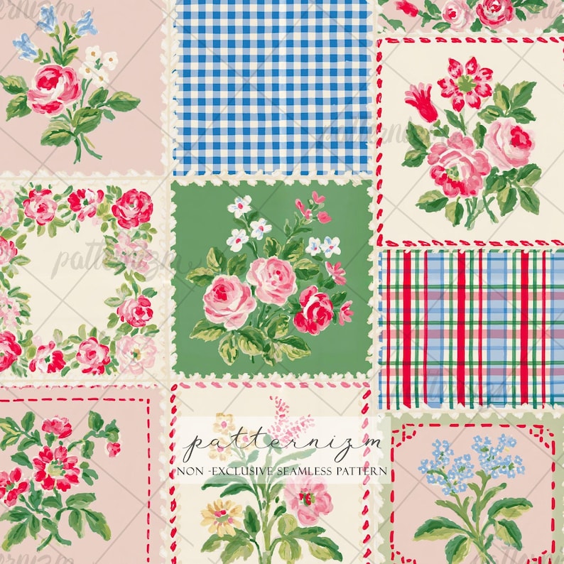 K&ouml;nnte beinhalten: Ein nahtloses Textilmuster mit einem Raster aus quadratischen Feldern, die Blumenstr&auml;u&szlig;e in Rosa, Rot und Blau zeigen, durchsetzt mit blauem Vichy-Karo und rot-gr&uuml;nem Schottenkaro. Der Text patternizm non-exclusive seamless pattern ist sichtbar.