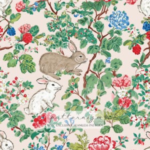 Vintage Easter Bunny Seamless Pattern, Floral Garden Rabbits, Cottagecore Spring Repeat Design Digital Paper