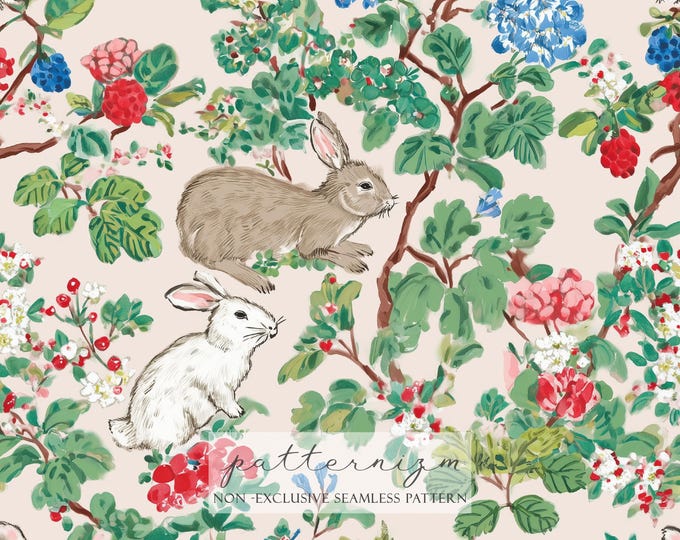 Vintage Easter Bunny Seamless Pattern, Floral Garden Rabbits, Cottagecore Spring Repeat Design Digital Paper