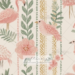 May include: Seamless pattern featuring pink flamingos, birds, and flowers with green foliage against a cream background. Vertical stripes with a dotted and zigzag design in pink and gold. The text "patternizm" and "NON-EXCLUSIVE SEAMLESS PATTERN" are visible.