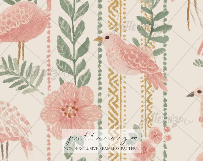Seamless Boho Flamingo Pattern Digital Download – Pink Bird & Tropical Flower Design, Whimsical Jungle Garden, Nursery Fabric for Crafts