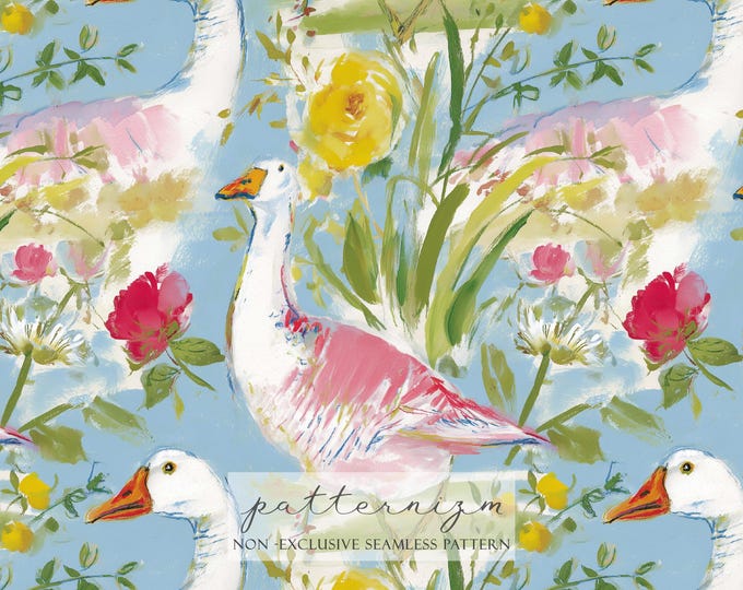 Watercolor Goose Floral Pattern – White Geese on Blue Background with Garden Flowers, Farmhouse Seamless Repeat