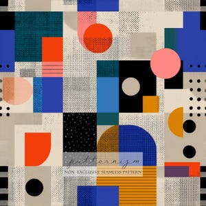 Puede incluir: Patrón geométrico abstracto con una variedad de formas y colores. El diseño incluye cuadrados, rectángulos, círculos y semicírculos en tonos de azul, naranja, negro y beige. También se ve el texto "patternizm" y "NON-EXCLUSIVE SEAMLESS PATTERN".