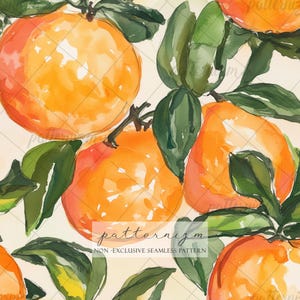 May include: Watercolor illustration of oranges with green leaves. The image features multiple oranges in various sizes, with a soft, painterly style. The text "patternizm" and "NON-EXCLUSIVE SEAMLESS PATTERN" are visible.