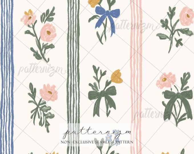 Coquette Floral Stripe Seamless Pattern – Vintage Ribbon Flowers, Soft Cottagecore Pastel Lines, Girly Fabric Design