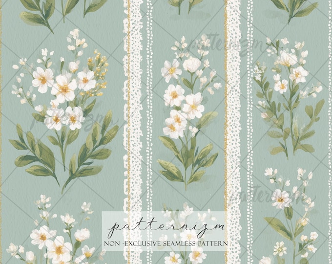 Seamless Floral Stripe Pattern Digital Download – Painted Blue Pink Flowers, Elegant Fabric Design