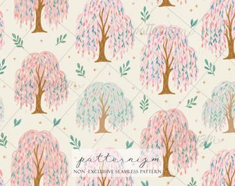 Seamless Pastel Willow Tree Pattern Digital Download – Whimsical Cottagecore Botanical Print, Pink Nature Fabric & Nursery Decor