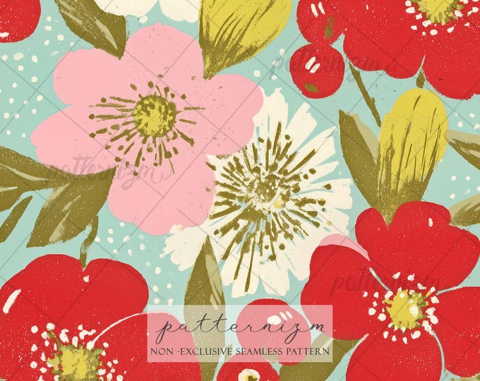 Seamless Red & Pink Floral Pattern Digital Download - Whimsical Poppies, Wildflowers Design, Cottagecore Fabric for Kids and Crafts