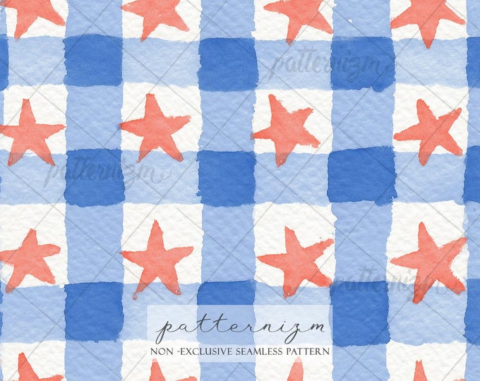 Seamless Patriotic Star Gingham Pattern Digital Download – Red Blue Checkered Stars Design, 4th of July Americana Picnic Fabric