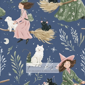May include: Seamless pattern featuring whimsical illustrations of witches riding broomsticks with their pets, including white dogs and black cats, set against a dark blue background with botanical elements and stars.
